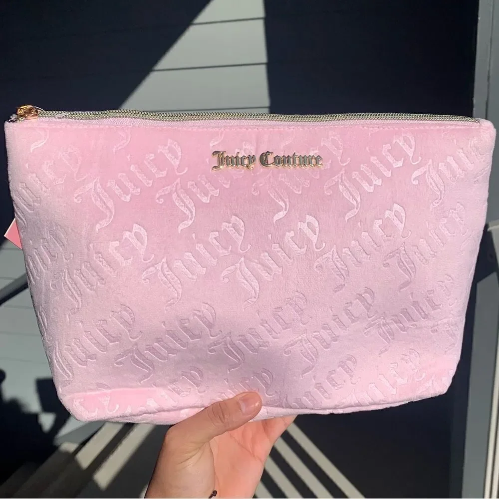 💕👑 RARE PLUSH VELOUR BABY PINK & GOLD JUICY COUTURE COSMETIC BAG 👑💕